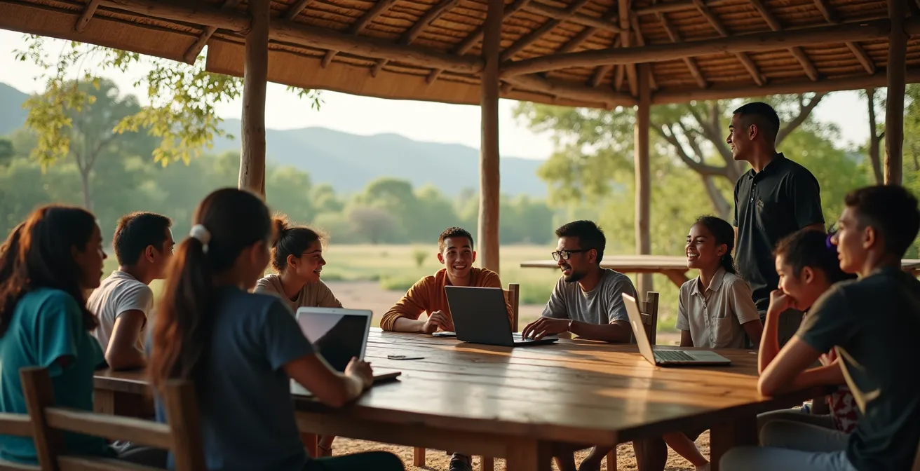 Local educator teaching digital skills to community members in outdoor setting