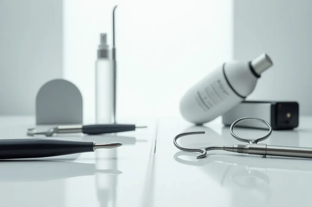 Split composition showing traditional dermatological tools alongside modern skin scanning devices