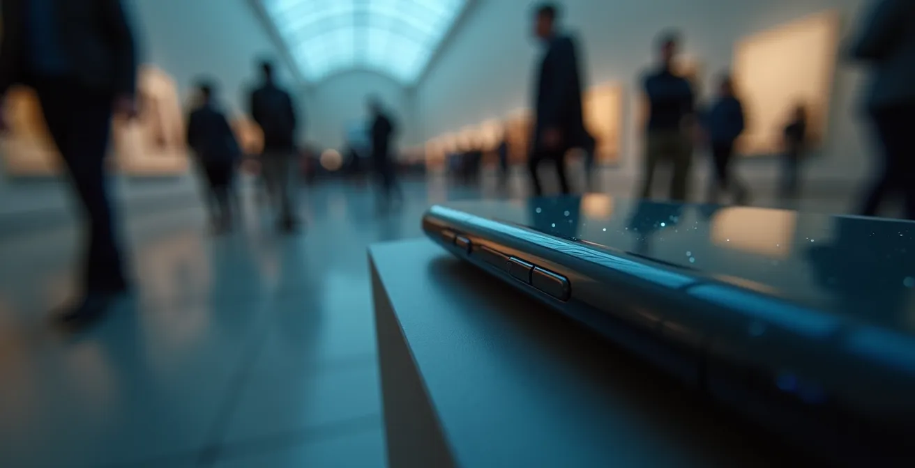 Close-up macro shot of smartphone showing abstract battery indicator with museum gallery softly blurred in background