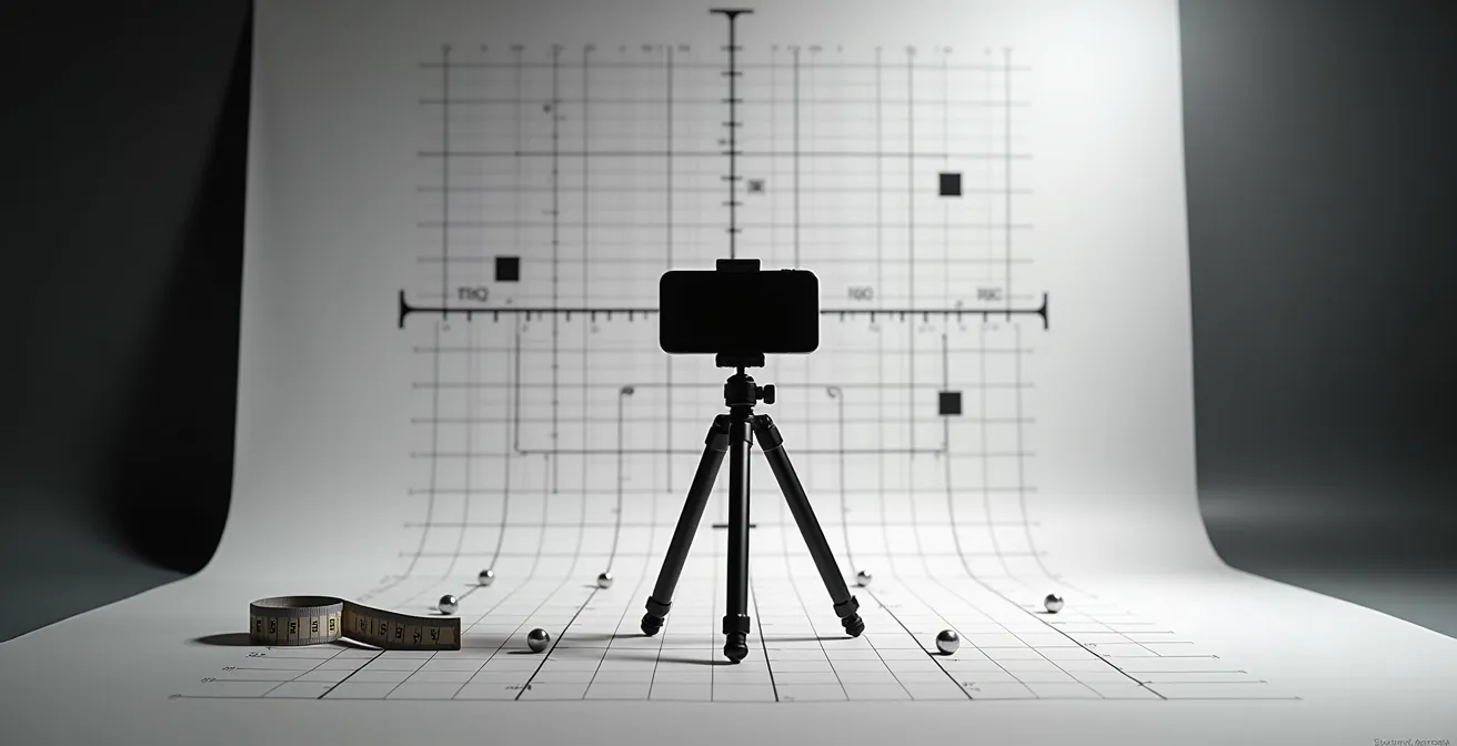 Smartphone mounted on tripod with calibration grid for 2D motion analysis