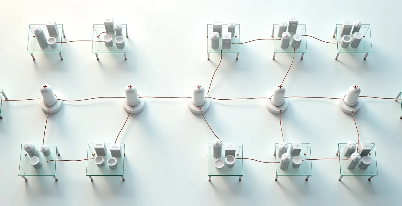 A complex network visualization showing interconnected supplier relationships and verification checkpoints