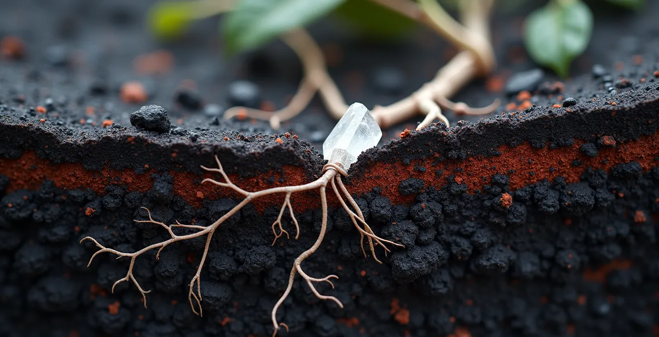 Macro shot of dark volcanic soil with visible mineral crystals and vine roots