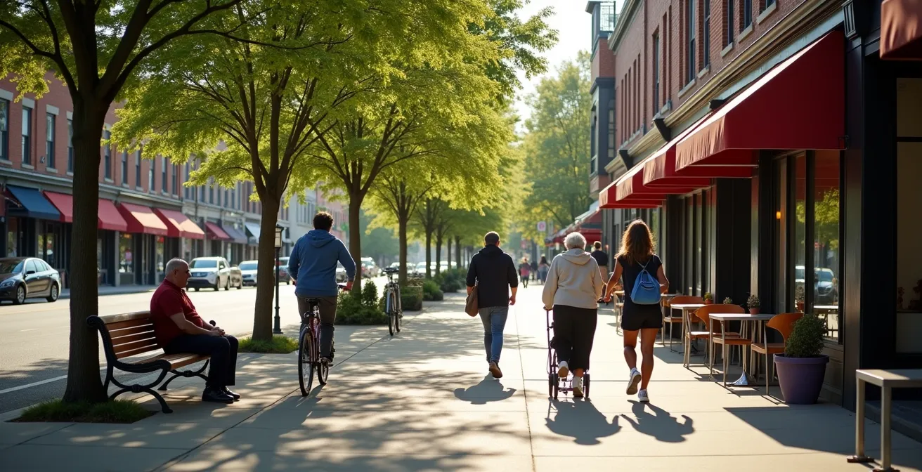 Street-level view of a pedestrian-friendly neighborhood with wide sidewalks, street trees, and mixed-use buildings