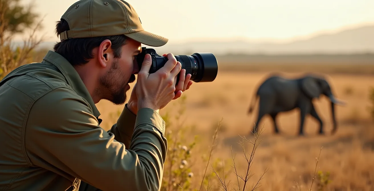 Wildlife photographer using telephoto lens to observe elephants from respectful distance