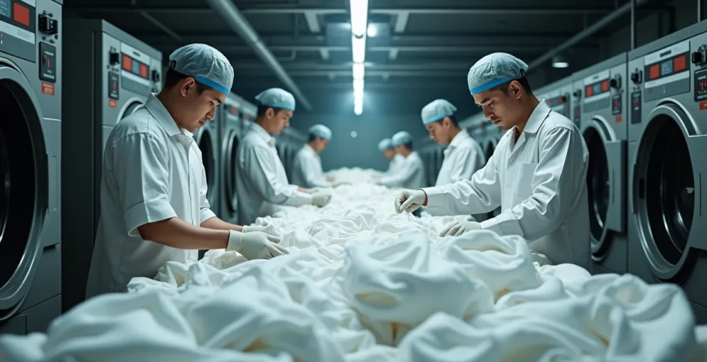 Industrial laundry facility workers handling hotel linens in a bright workspace Industrial laundry facility workers handling hotel linens in a bright workspace