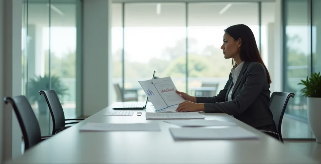 A professional examining documents and reports in a modern hotel office setting A professional examining documents and reports in a modern hotel office setting